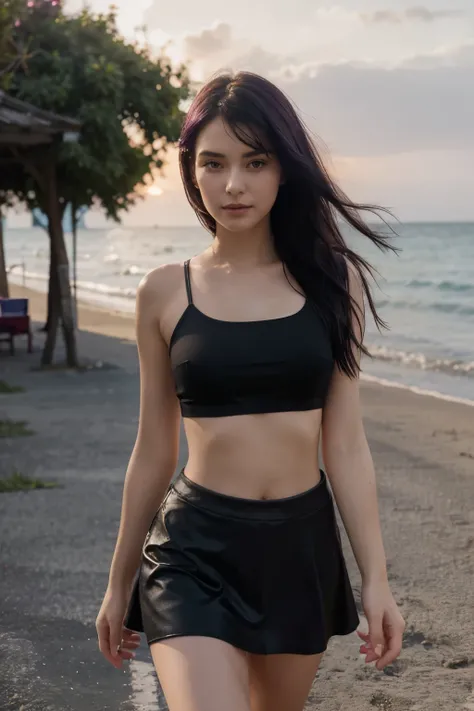 A beautiful girl, apple shaped body, black violet hair, plum crop top, black skirt, walk in the sea side in sunrise.