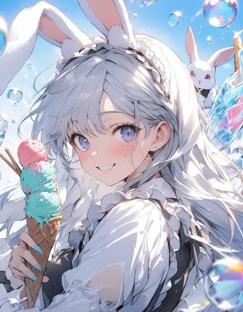 masterpiece、girl、White Hair、Long Hair、(rabbit ear)、smile、maid clothes、(((Big ice cream)))、Focus on the face、bubbles background