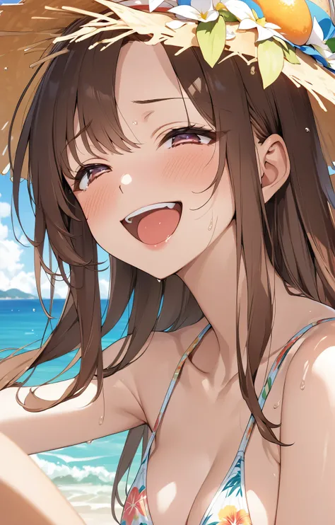 smile、Ahegao、Brown Hair、Straight Hair、Forehead、anime、detail、8k、Swimwear、Midsummer