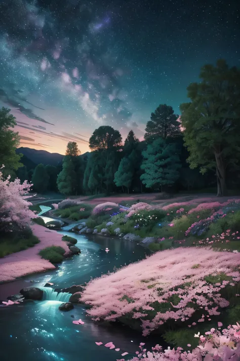 (magical pretty night Sky green stream overlay scene), (Sky), (cloud), soft light, Clean background, Beautiful scenery, masterpiece, high quality, Beautiful graphics, High Detail, Epic Landscapes, garden, Flowers, cloud, (night starry Sky, There is a river...