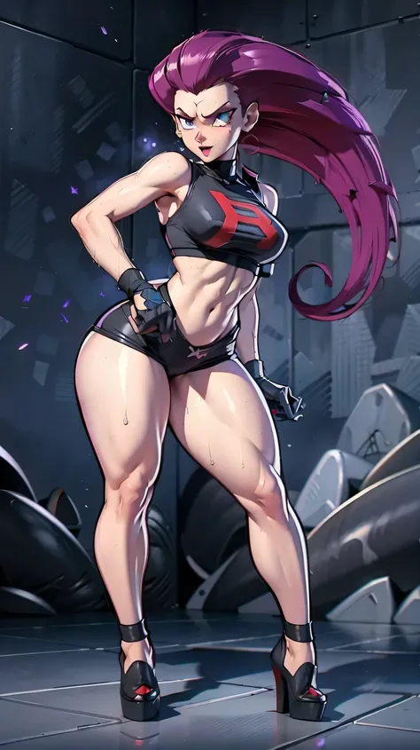 jessie pokemon rocket team, Fitness, muscular, shredded abs, beautiful woman, teasing,, super sexy, large evil smile, gesugao,   red glowing eyes, red hair, malicious, vicious, grim, blushing,  , grim, plain simple, Exaggerated evil facial expressions, sad...