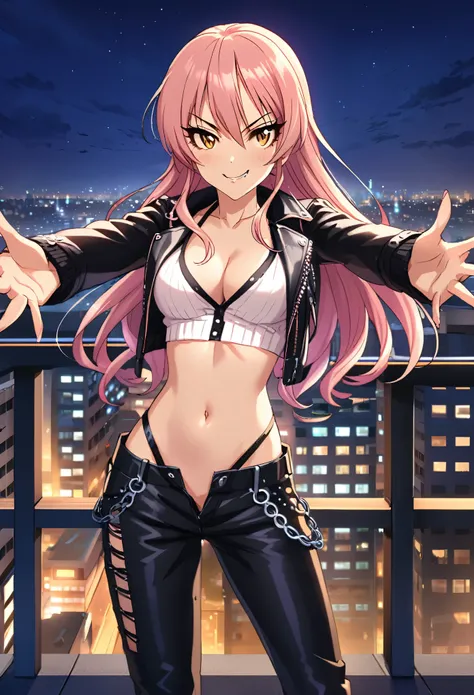 mika jougasaki, 1girl, pink hair, solo, yellow eyes, seductive smile, blush, lipstick, long hair, Hot girl, baddie, staring, glaring, bad attitude, mean girl, crazy, smoking, outdoors, rooftop, cityscape, building, railing, night, night sky, scenery, city ...