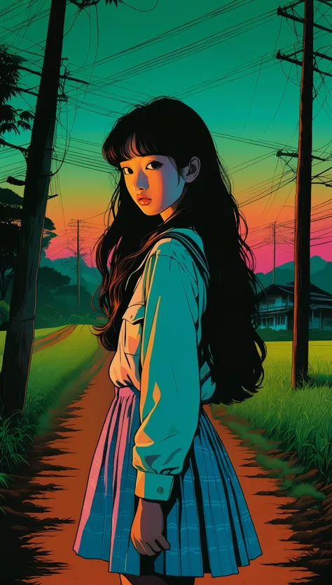 An illustration、art、80s Thai horror movie poster, Supervised by Junji Ito、(high school student:1.2)、countryside、evening、Attention to detail, Realistic Shadows、Analog Style, chromatic aberration, Surrealism、Complementary Gradient