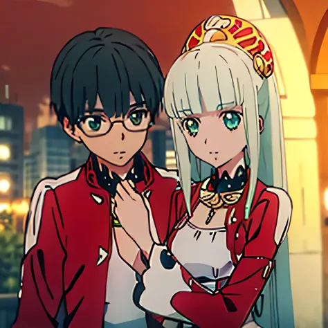 1 boy with black hair, Red jacket and glasses romantically holding a girl in a red and white dress Long light green hair and green eyes, bright city at night in the background., True love, blushing cheeks, high quality 