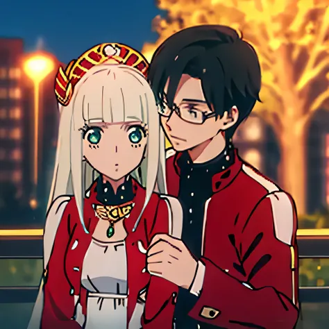 1 boy with black hair, Red jacket and glasses romantically holding a girl in a red and white dress Long light green hair and green eyes, bright city at night in the background., True love, blushing cheeks, high quality 