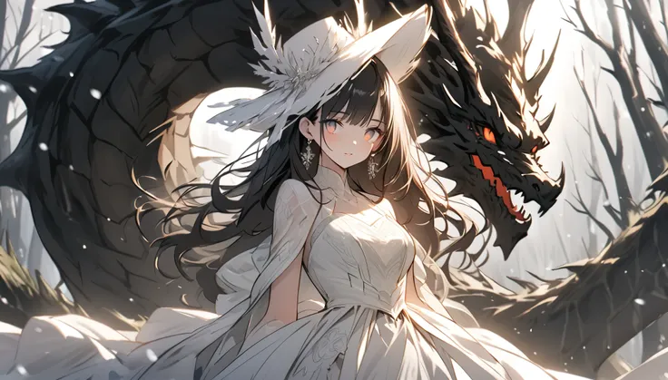 Exquisite facial features，Girl in Western style white wedding dress，glazed eyes，Delicate headwear and silver earrings，cabelos preto e longos，light snowing，Tree branches，Forest Backglue，adolable、Together with the Black Dragon