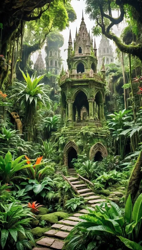 Miniature landscape scene in the mighty lush of greeny jungle.Theres a Medieval City in the magical realm with colourful otherworldly plants and otherworldly animals