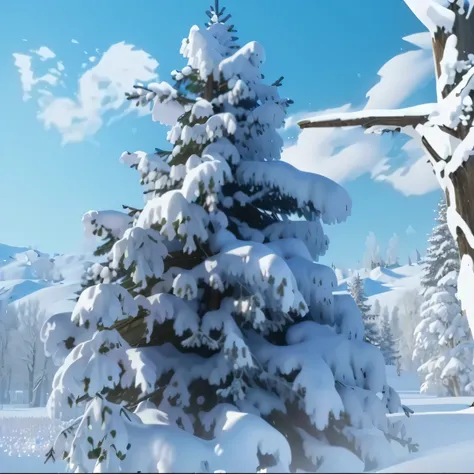 there is a snow covered tree in the middle of a snowy field, snowy environment, highly detailed scene, hyper detailed scene, hyperdetailed unreal engine, rendered in unrealengine, highly detailed unreal engine, winter concept art, realistic scene, a hyper ...