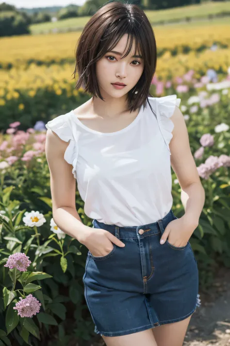 Highest quality,masterpiece,(Realistic:1.4),RAW Photos,(Real skin texture_1.3),One person,alone,bangs,short hair,Wearing a dress、She is holding her clothes with both hands, revealing a glimpse of her pants.、The background is a field of flowers