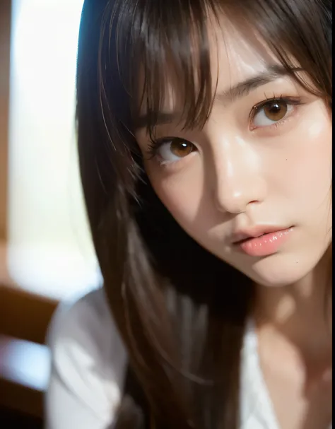 best quality, face focus, soft light, ultra high res, (photorealistic:1.4), RAW photo,
1japanese girl, solo, cute, (pupil, lights in the eyes),  detailed beautiful face, (small chest),(high resolution detail of human skin texture),
(long hair),
indoor,
Dam...