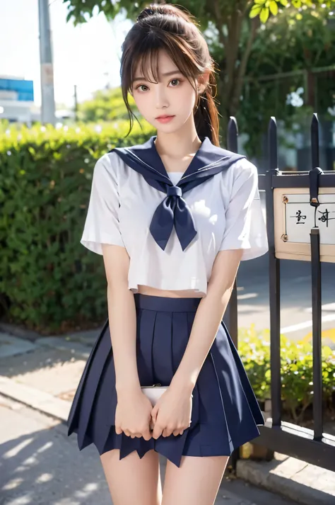 (Ultra HD), (Short-sleeved sailor uniform, Navy blue mini skirt), Big Breasts, slender, Narrow waist, (I can see my belly button:0.6), whole body, Standing posture, (Beautiful Skin, Shiny skin, White skin), (Super slim face, Super beautiful face, No makeup...