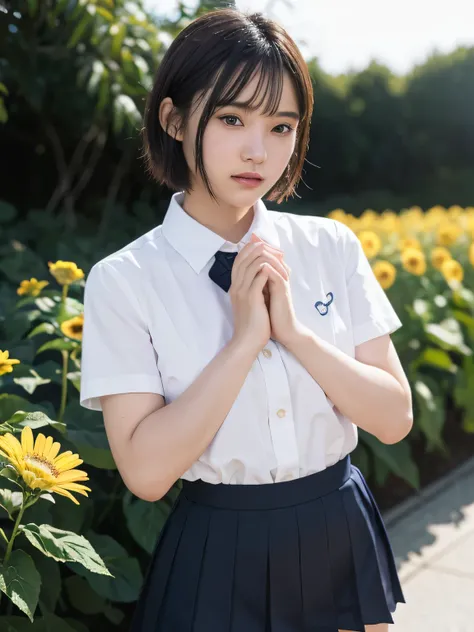 Highest quality,masterpiece,(Realistic:1.4),RAW Photos,(Real skin texture_1.3),One person,alone,bangs,short hair,Wearing a japanese high school uniform 、She is holding her skirts with both hands, revealing a glimpse of her panty.、The background is a sun fl...