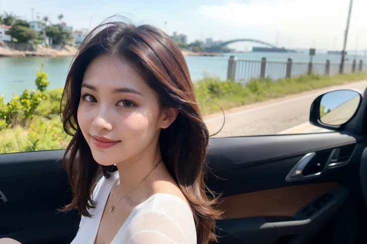 Phenomenally beautiful girl, put her next to a convertible, driving along a beautiful seaside road, her hair fluttering greatly in the strong wind!