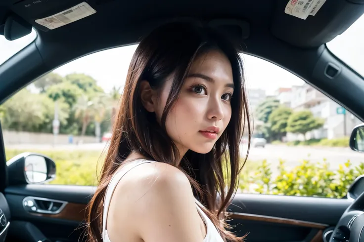 Phenomenally beautiful girl, put her next to a convertible, driving along a beautiful seaside road, her hair fluttering greatly in the strong wind!