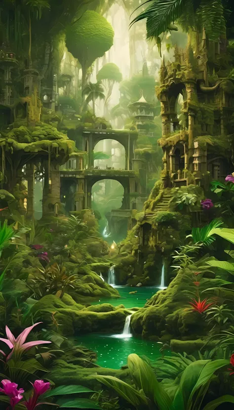 Miniature landscape scene in the mighty lush of greeny jungle.Theres a Medieval City in the magical realm with colourful otherworldly plants and otherworldly animals