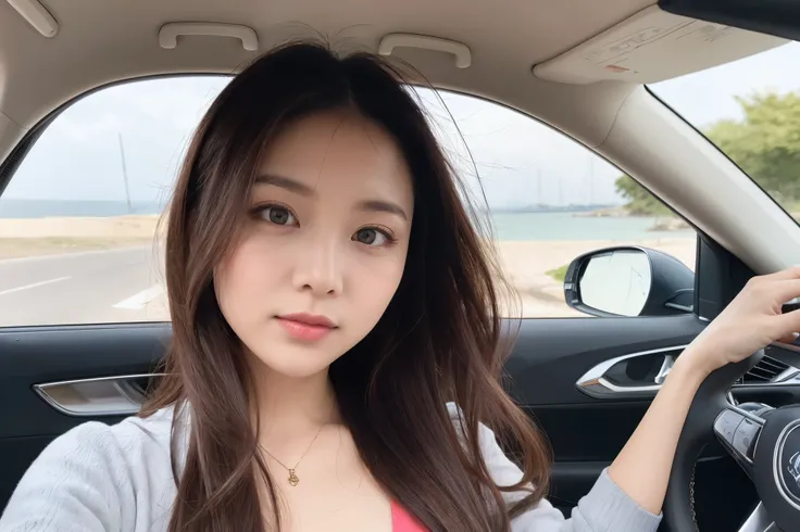 Phenomenally beautiful girl, put her next to a convertible, driving along a beautiful seaside road, her hair fluttering greatly in the strong wind!