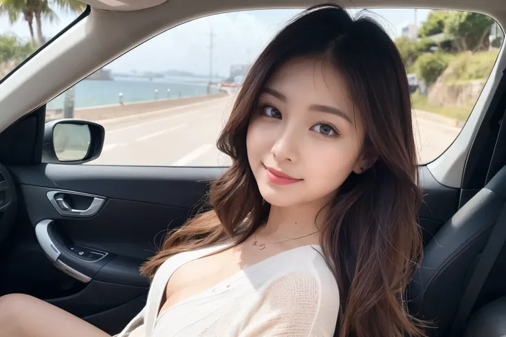 Phenomenally beautiful girl, put her next to a convertible, driving along a beautiful seaside road, her hair fluttering greatly in the strong wind!