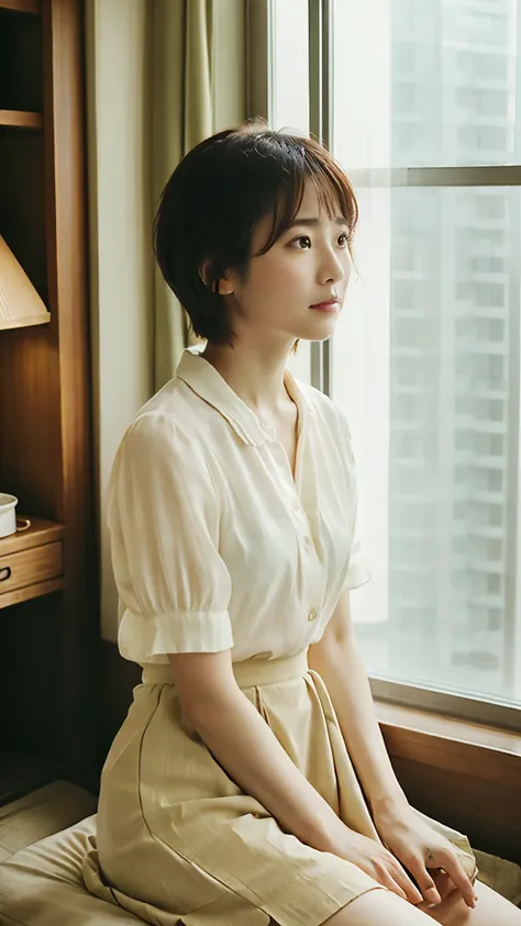 Japanese　40year old woman　Short Hair、double　The whole picture　clear

古いApartment room background、Sitting、Lonely look、涙を流している、Gazing into the distance、Plain summer short-sleeved shirt、mini skirt、