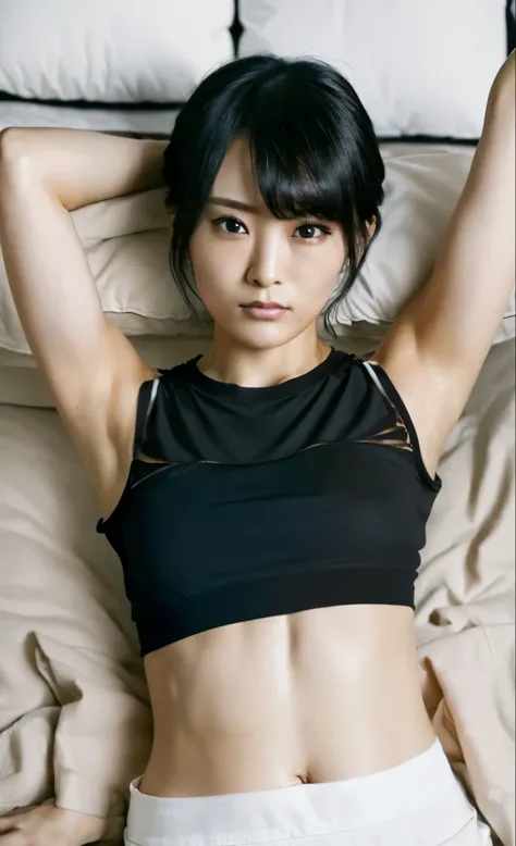 masterpiece, best quality, ultra detailed, ultra high resolution, very detailed face, (((solo))), 26 years old japanese woman, ((from top angle)), (((croptop shirt:1.3))), ((black hair)), (((medium breast))), ((bad mood)), ((six pack abs:1.17)), ((armpit))...