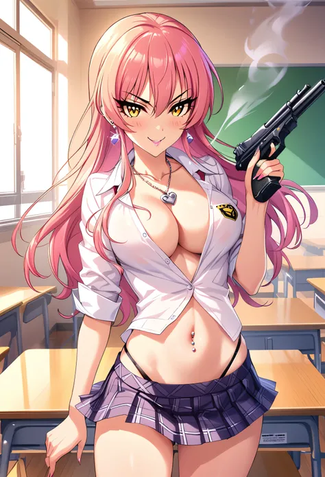 mika jougasaki, 1girl, pink hair, solo, yellow eyes, seductive smile, blush, lipstick, long hair, Hot girl, baddie, staring, glaring, bad attitude, mean girl, crazy, smoking, masterpiece, best quality, ((unbuttoned school uniform, cleavage, necklace, earri...