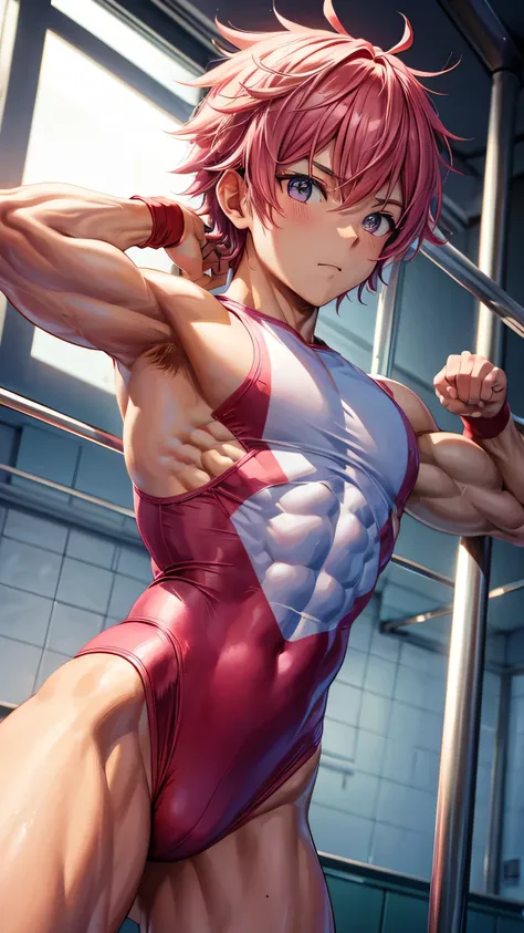 Anime guy gymnast Muscular With pink hair