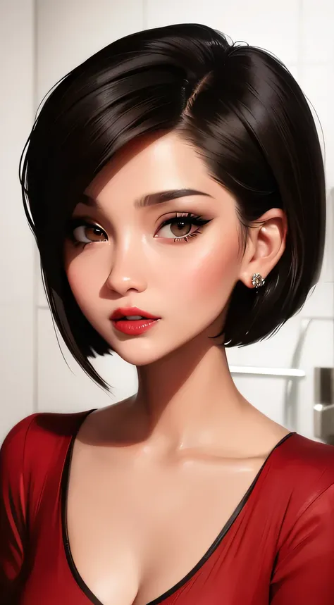 Amazing portrait of a sexy woman with her short hair in a bob style and her face covered with lots of makeup gazing at us seductive with her perfect red lips parted wearing a green saree in an empty bathroom