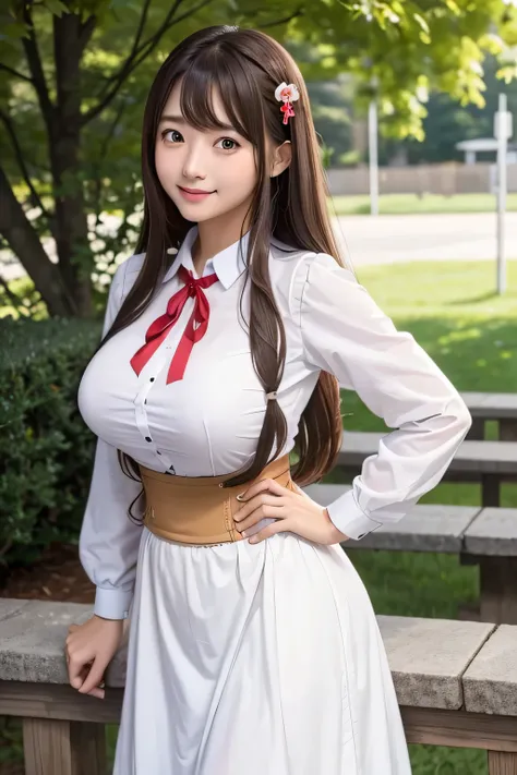 High school girls、Brown long hair、、Too big breasts、Breasts 20cm in diameter and 40cm in length、Oversized breasts that reach the navel、She wears a school uniform designed like a dirndl、Red ribbon at neck、White shirt、Brown Dirndl、Too beautiful girl、whole bod...