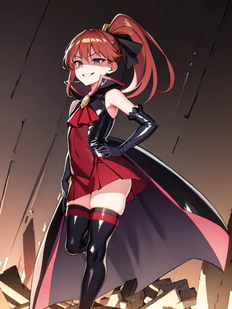 Highest quality, masterpiece, One Girl,Not beautiful, Red Ponytail, Long dress, brooch, Hair Ribbon,  Black knee socks, Standing on the rubble,  (Evil smile:1.1), ,,Dark shadow face,Sadistic smile,Malice,Contempt,smile,latex,Bad face,,Red Skirt,both hands,...