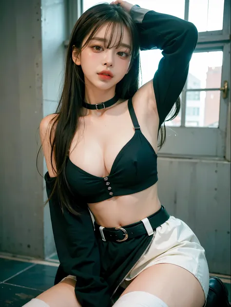 Lisa long hair, Lisa face shape, black suspender undershirt (long sleeves, bare shoulders, open waist), white miniskirt, belt at waist, light green high boots, sexy, open waist, long legs, rich details, masterpiece, superlative, realistic, HD, photographic...