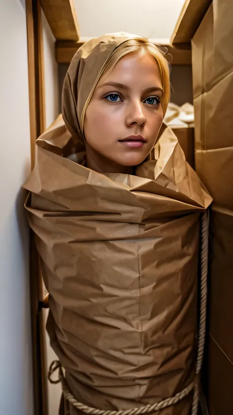 a stunningly beautiful blond woman wrapped in a very tight makeshift bodybag made of brown paper garbage bags, she is tied with rope into a helpless little human package, she is wrapped around with rope, wearing a brown paper bag with eyeholes over head, s...