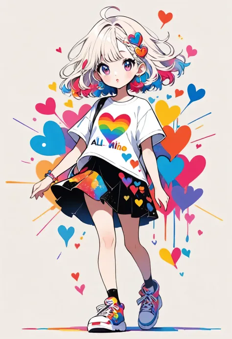 Ultra-realism Micho colorful style, Simple Line Initialism，Abstract art，(((The most beautiful girl of all time))), Sweet face. Lips in love, colorful hearts, stylish design, 夏のオシャレなTシャツ, 黒い瞳, walking, Paris