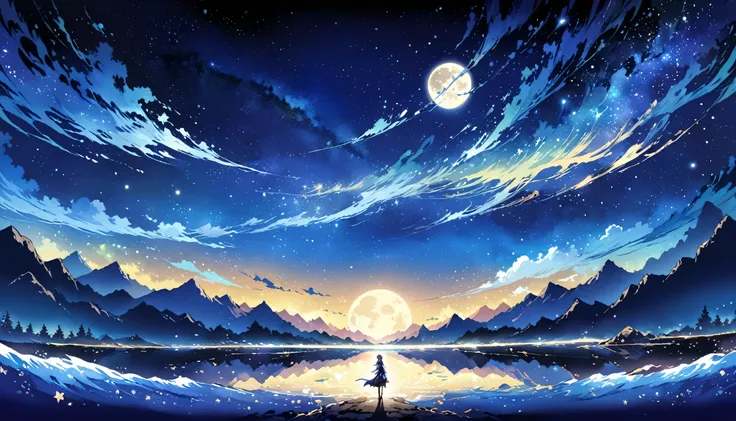 A painting of rivers, stars and moon shining together, Concept art inspired by Tosa Mitsuka, Pixiv competition winner, best quality, Fantasy Art, Beautiful anime scene, Full Moon, Starry Sky environment in the moonlight, dream, Anime Background art, Dream ...