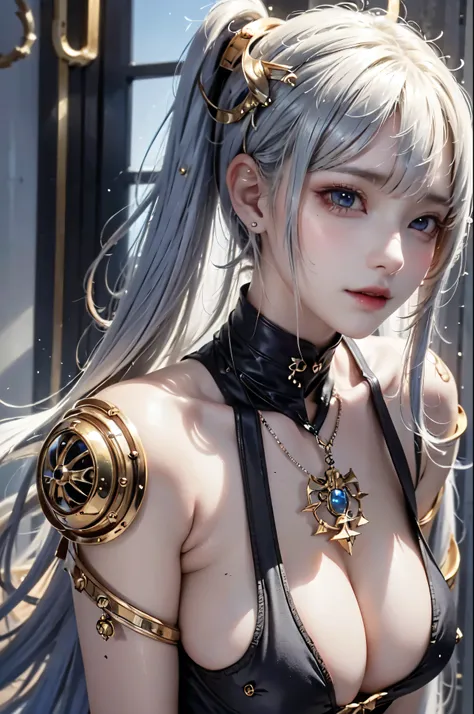 NSFW,((top quality、8k、masterpiece:1.3))Wears a silver-white mech，girl with delicate face，Highest image quality，Ultra-clear，Delicate and clear facial features，end of the world，Mechanical arm，Exquisitely detailed mechanical pattern,Cyberpunk characters、numbe...