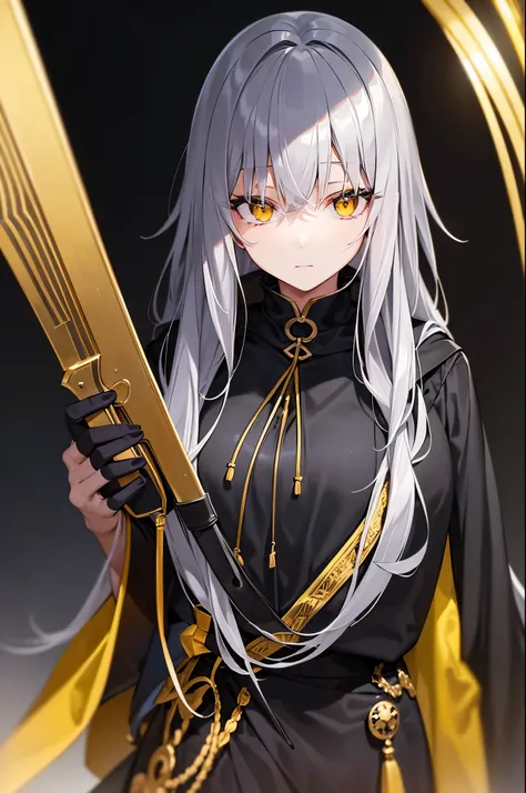 beauty，8k，pitch black，gray hair，black robe，black hood，detailed yellow eyes，holding a bloody knife in one&#39;s hand，grin，crazy s...