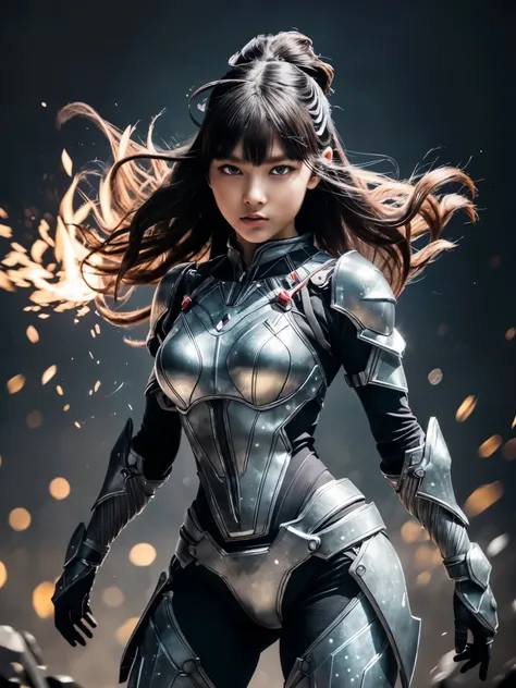 1girl, glowing particles, exoskeleton-like armor, super intricate details, metallic texture, (cute:1.5), (breasts:1.2), sharp focus, floating fire particles, blurry background, bokeh, high quality, masterpiece, unknown creature, neon pop abstract, cinemati...