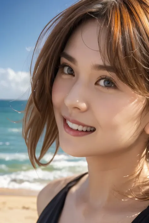 realistic, photogenic, close-up shot, with the sea in the background, wearing orange swim wear, exposed at chest, medeum-length ...