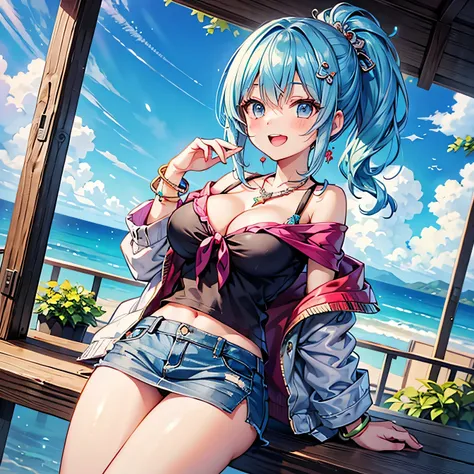 Anime Moe Art Style,Highest quality,High resolution,Anatomically correct,Mid-teens,Super detailed,Big Breasts,Shiny skin,Beautiful Skin,A rich expression,Laughing with your mouth open,With her light blue hair in a ponytail,Off-the-shoulder tops,mini skirt,...