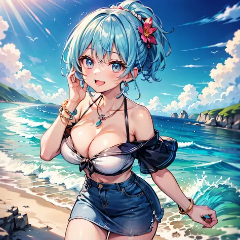 Anime Moe Art Style,Highest quality,High resolution,Anatomically correct,Mid-teens,Super detailed,Big Breasts,Shiny skin,Beautiful Skin,A rich expression,Laughing with your mouth open,With her light blue hair in a ponytail,Off-the-shoulder tops,mini skirt,...