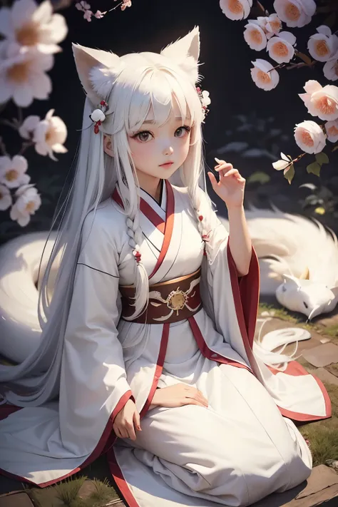 (Highest quality:1.2)。one person&#39;s。Small cute。White long hair。White fox ears。White fox tail。Priestess of the Japan Clothes。See who&#39;s watching。Looking out from behind a large cedar tree。The background is a mystical cedar forest with a spiritual atmo...