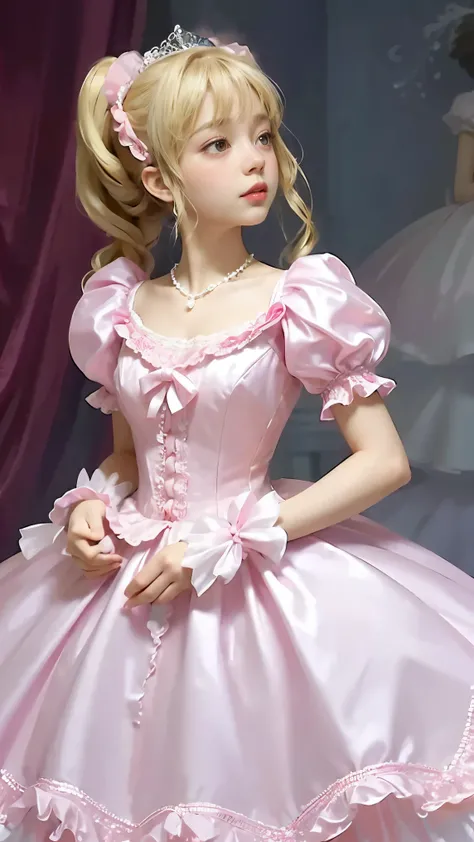 Vivid colors, Masterpiece, Sharp focus, Top quality, Depth of field, Cinematic lighting, Perfect anatomy, Girl Cute Blonde hair Twin tails (Dress: pink silk organdy princess line dainty Ruffles Lace Pearls Jewelry), Dress design, masterpiece, vibrant color...