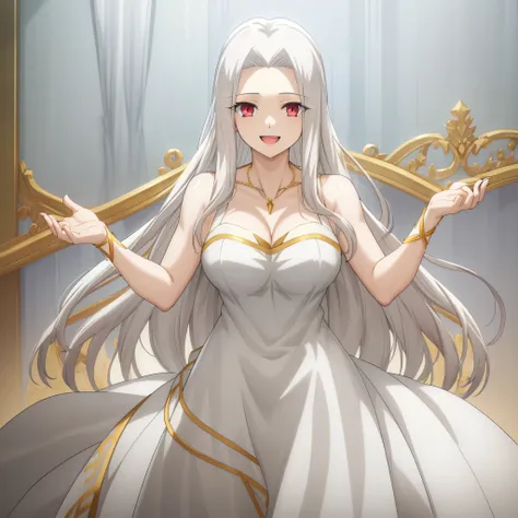 Irisviel,gray with golden dress sleeveless,solo,looking at viewer,beautiful smile,arm at side,middle size of breast,beautiful necklace,hands up with laughs,