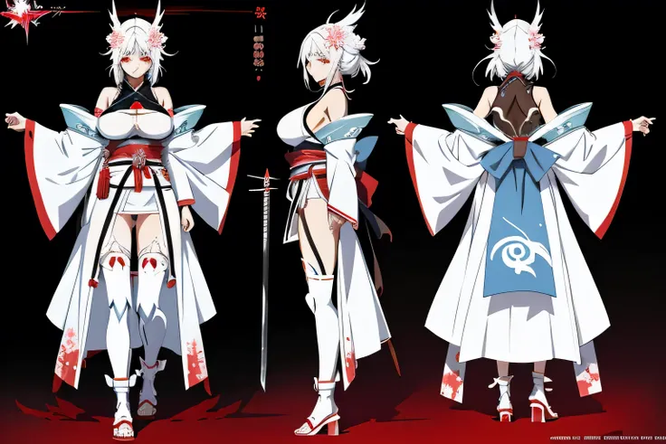 a character sheet image of a female character A beautiful anime girl, Kuchiki Rukia, enormous breasts, , camel toe, body-hugging kimono, beautiful detailed eyes, beautiful detailed lips, extremely detailed face and eyes, long eyelashes, holding katana, ice...