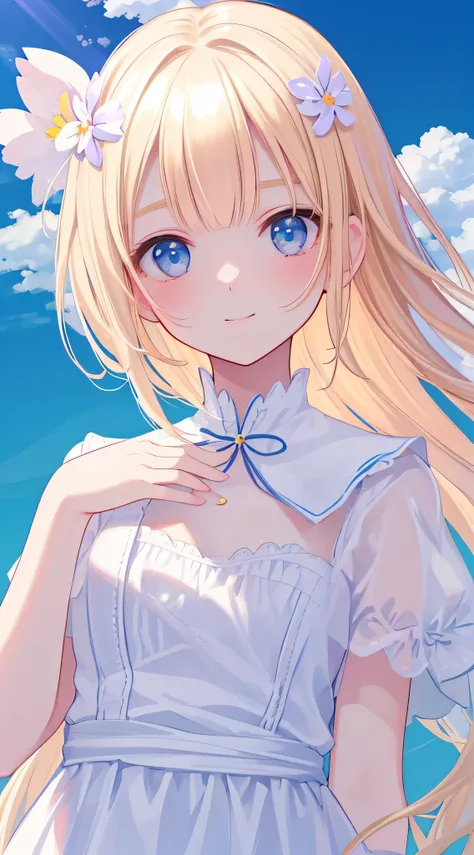 Highest quality,A masterpiece by one person,White dress,Magical girl,cute,Blonde,Floral ornament in the hair,Professional Lighting,blue sky,Smiling Physically Based Rendering,High resolution,(Clear Face),(Detailed face description),(Detailed hand descripti...