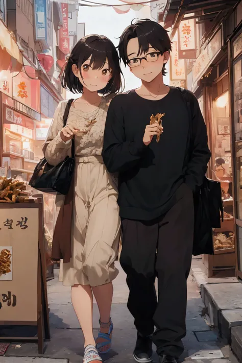 Draw a picture of a couple on a date in Itaewon. The man is holding a bag of dried squid in his hand. He has an average appearance and wears glasses. Draw the woman beautifully.