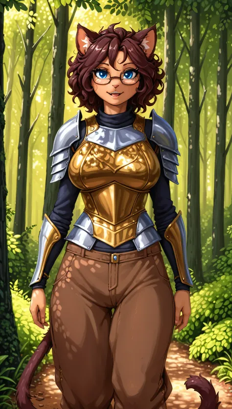 front view, best quality,  wide shot, 

Solo, female, short plum colored hair, wavy hair, messy hair, big breasts, ((tanned skin)), athletic, slightly muscular, smirking, bright blue eyes, cat tail, cat ears, open mouth, 
(((bronze chestpiece, bronze armor...