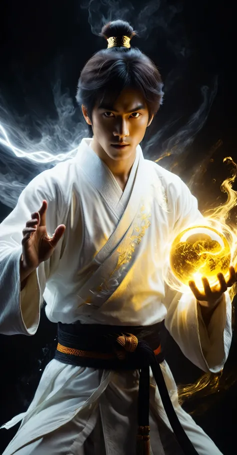 wabstyle martial arts style, a man in a white robe、extremely handsome young man using magical powers, holding a glowing magic or...