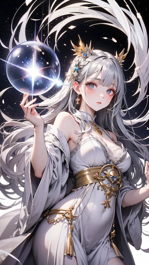 masterpiece, wonderful, single, 1 person, Beautiful woman, Young people, teenager, Wizard, Slimming, Fairy, Silver Hair, Long Hair, Gray pupils, Floating ball of light, white Robe, Robe, relax, Desert detailed background