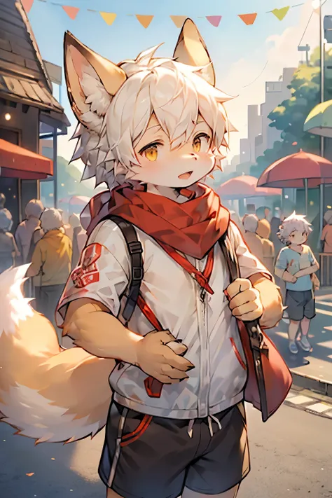 Fox Boy，Hairy boy，Babies and features，White hair，Yellow skin，White Arm，Red scarf，Short sleeve with jacket，shorts，National Day Street，Holding a red flag