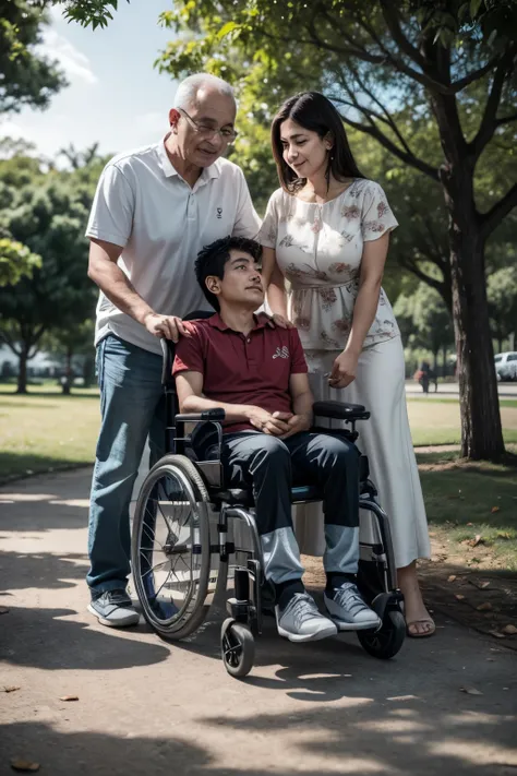 Brazilian father and mother in the park near a tree with son with ischemia in a wheelchair