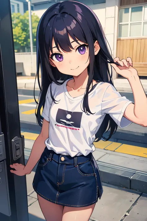 Elementary school student, 8 years old, toddler, flat chest, black hair, long hair, purple eyes　smile　 Plain white T-shirt, navy blue denim miniskirt, children&#39;s white panties, bare feet （（I can see her panties））Room Lying on the bed Dynamic angle Low ...